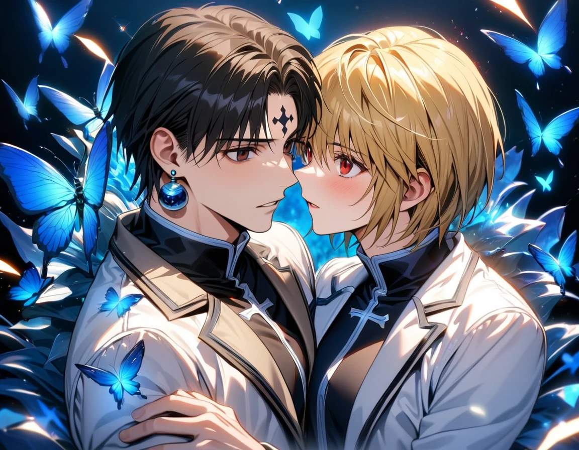 absurdres, highres, ultra detailed, HDR, master piece, best quality, Chrollo Lucilfer, black hair, expressive brown eyes, hunter x hunter, Kurapika, blonde hair, expressive red eyes, two men together, gay couple, yaoi, handsome, white jacket, black shirt, blue earrings, black cross tattoo on the forehead, patterns, magical, fantasy, blue background, blue lotus, shining, blue petals, blue glittering butterflies, glass sculptures