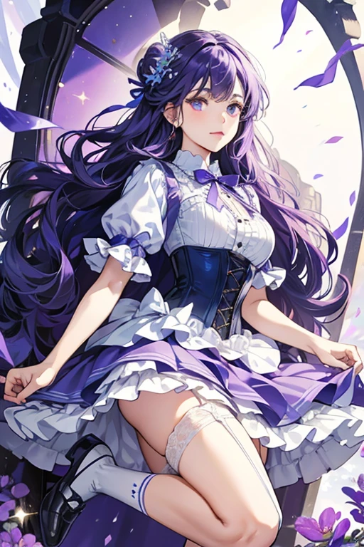 her purple dress has more detail; her short-sleeve collars have jagged accents and she wears extra dress accessories of a light blue ribbon tie and waist corset. She wears no hat and instead wears a purple flower hair ornament with a leaf decor and a white ribbon tied to it. She wears long white socks with garter belts and blue shoes decorated each with a blue bow and a flower. SPARKLE; GLITTER