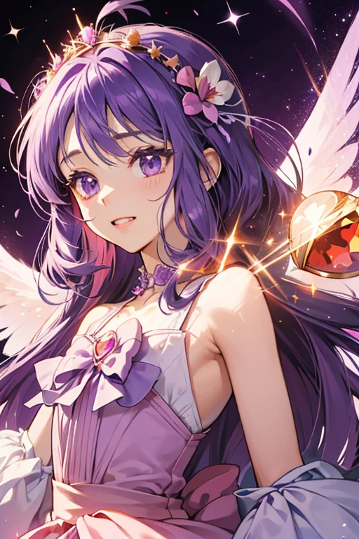 Sumire's Fairilu Key is colored violet. The handle is outlined and heart shaped, with a violet flower crest inside, adorned by an orange gem. The heart is placed on top of another small heart with two small wings. The key's teeth is shaped with a capital "F" placed on its long side. SPARKLE; GLITTER