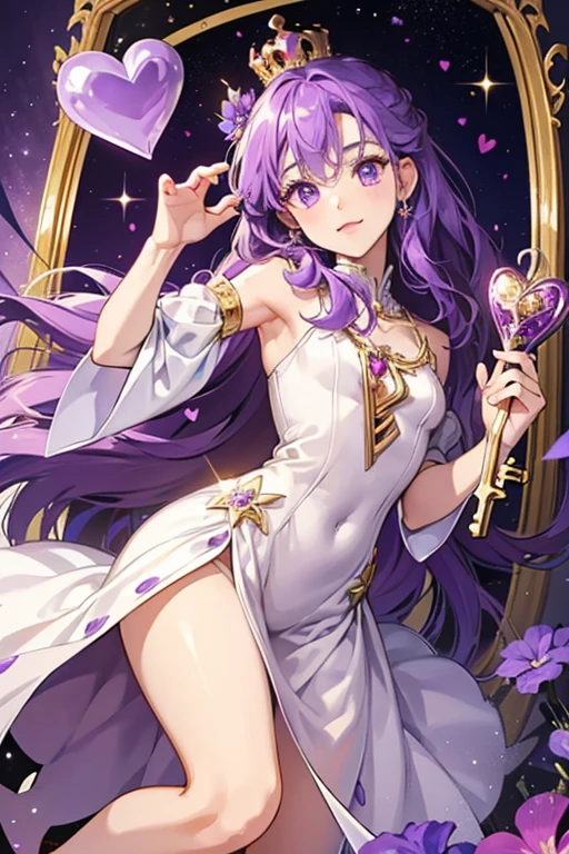 In Magic Mirror, when enlarged, her key has a slightly deeper colour of purple with a small crown on top of the heart-outlined handle, a heart-shaped decor below the handle, and the violet flower crest is placed on a golden base. SPARKLE; GLITTER