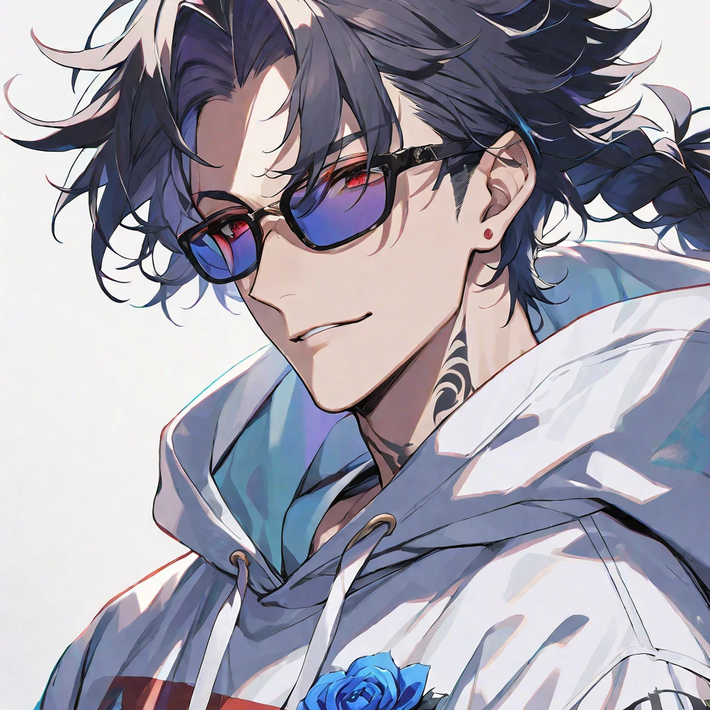 solo, handsome, 1 male, Ponytail, Braided black hair, red eyes, Gojo Satoru,casual,Blue Rose Tattoo,Oversized hoodie,casual,Stylish,cool,sunglasses,Glasses,Face close-up