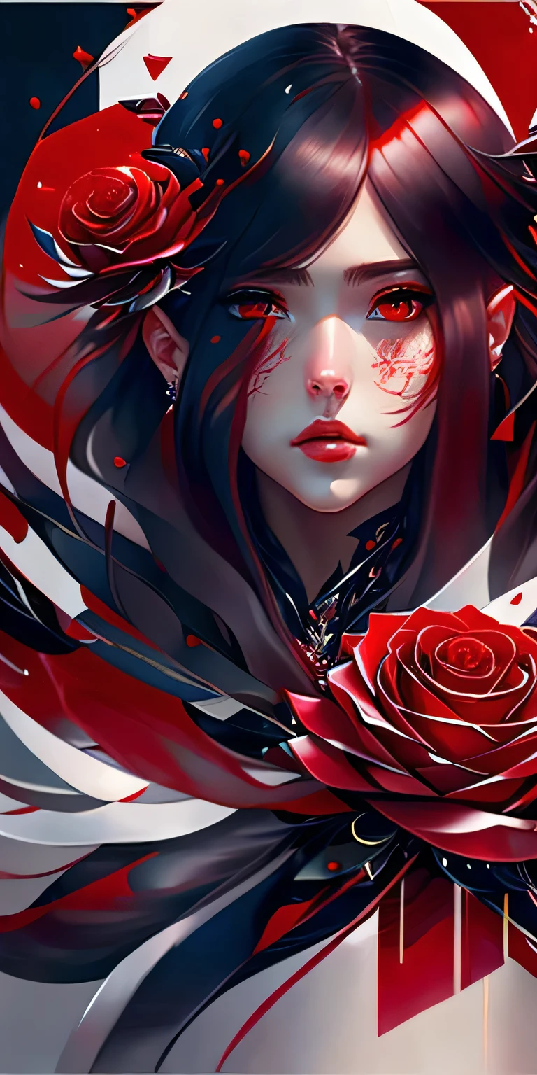  young woman with very long red twintails, Perfect proportions, (defined eyes, eye correction), red crystal roses, ((More red crystal roses)), posing for a photo, (Abstract art:1.6), (Delicate images), (Highly detailed), (high resolution), (Best quality), (masterpiece