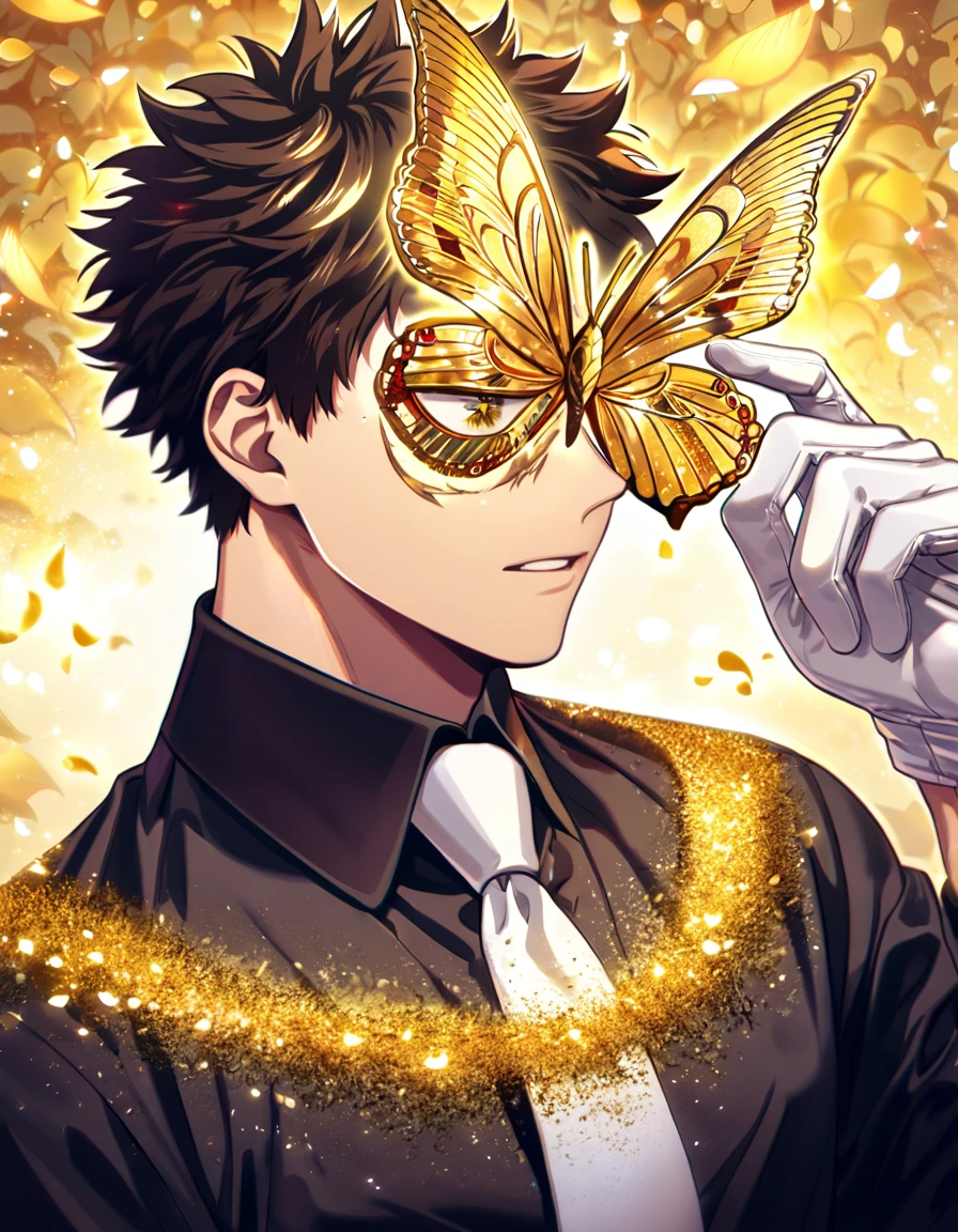 Ultra detailed, Highres, absurdres, HDR, Chisaki Kai, Overhaul, dark brown hair, short hair, expressive golden eyes, white necktie, black shirt, glittering golden butterflies, Boku No Hero Academia, white gloves, petals, handsome, sexy man, solo, very detailed eyes and face, master piece, glittering, fantasy, golden forest, golden background, black pants, best quality,