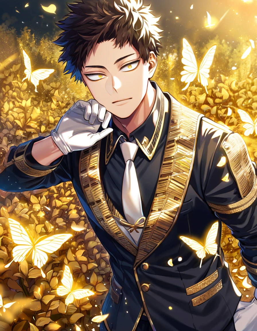 Ultra detailed, Highres, absurdres, HDR, Chisaki Kai, Overhaul, dark brown hair, short hair, expressive golden eyes, white necktie, black shirt, glittering golden butterflies, Boku No Hero Academia, white gloves, petals, handsome, sexy man, solo, very detailed eyes and face, master piece, glittering, fantasy, golden forest, golden background, black pants, best quality,