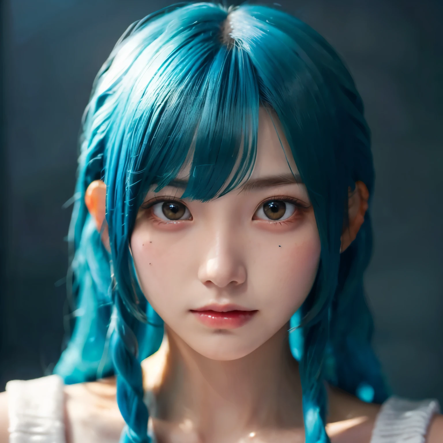 Photorealistic, insanely detailed, realistic texture, adaptable lighting. Portrait of a Japanese girl, ager. colorful baby blue hair dye. Her blue hair should be the spotlight. any hairstyle perfect for her, Perfect eyes. facing viewer, Looking at viewer