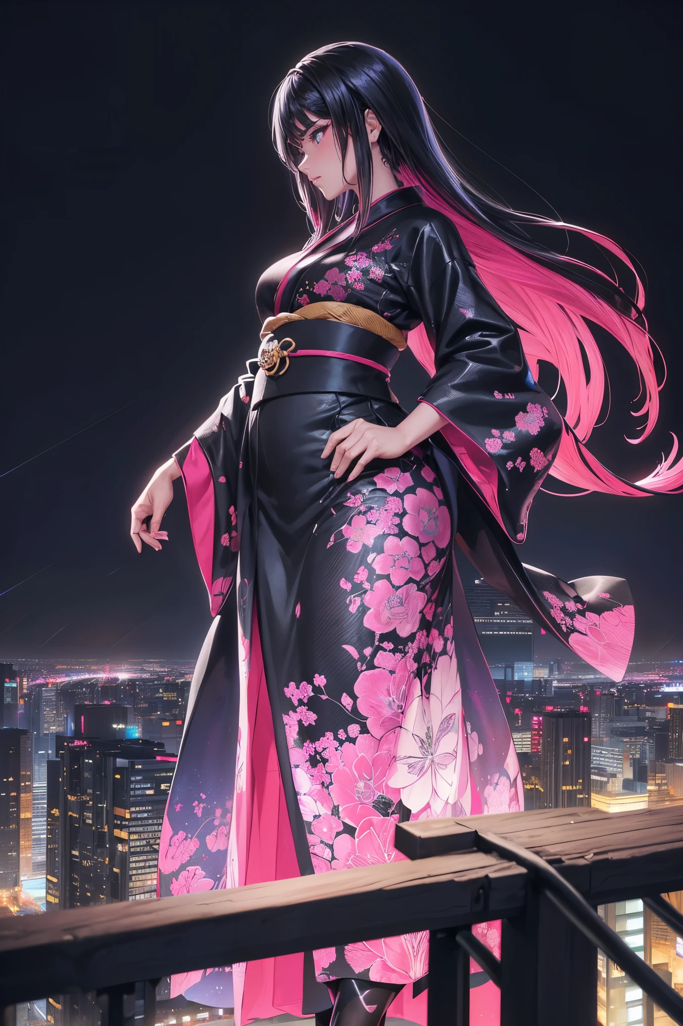 anime, (obra de arte, melhor qualidade, ultra-detalhado, alto contraste), 1 mulher (Sozinho, corpo todo, corpo plus size, standing on the edge of the skyscraper, cabelo prateado, CABELO LONGO E FLUXO, olhos vermelhos brilhantes de rubi, (Kimono preto, black cybernetics with neon pink), meias pretas transparentes), (skyscraper roof, com vista para uma cidade, fundo detalhado ((Night time, darkness, low light pollution)))