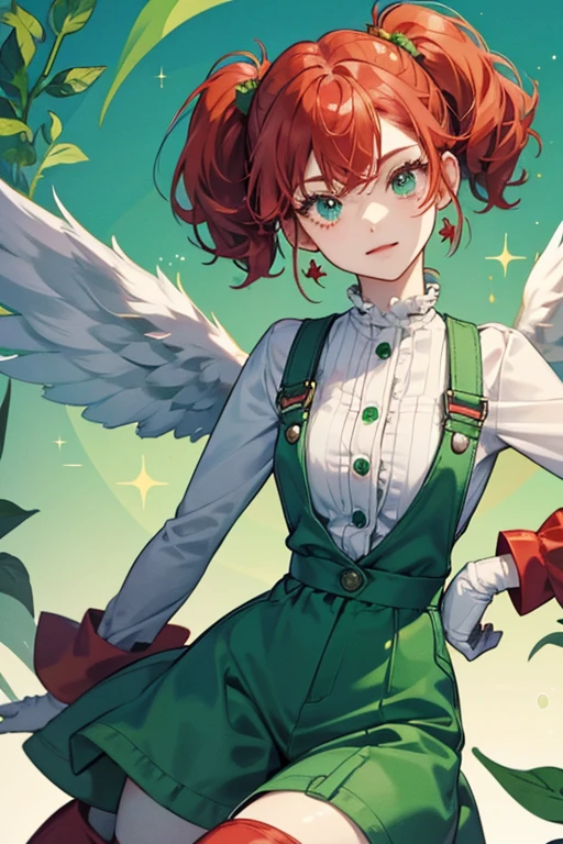 Tomato has emerald eyes and short light red hair worn in puffy, slightly curled pigtails with a green stem on the top of her head. Her wings are pale blue.
Tomato wears a white shirt with a green leafy collar under puffy pair of tomato-colored overalls with pale green buttons. At the leg hole is a leafy cuff. She also wears gloves, blue tights, and red rubber boots. SPARKLE; GLITTER