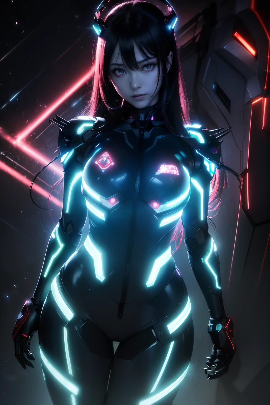 Asuka-Evangelion realistic and intricate perfect beauty face, detailed & asymmetric perfect sharp galaxy glowing eyes, detailed face, (((from face to the waist))), (((beauty shape))), ((in realistic neon-lit sci-fi plugsuit metal mech parts and robotic tentacles with neon-lit lights)), masterpiece, 4k, UHD, fighting against a realistic and intricate mech dragon