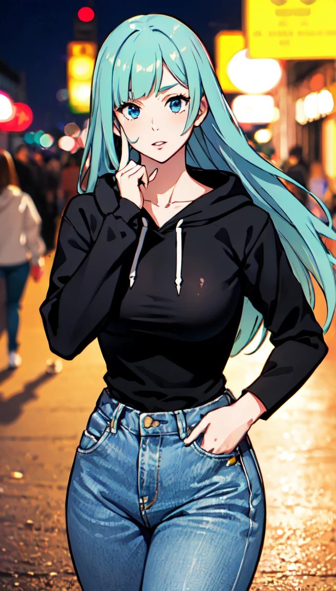 photorealistic, (4k), depth of field, (Masterpiece), (realistic skin texture), extremely detailed, intricate, hyper detailed, professional photography, bokeh, high resolution, sharp detail, best quality, girl, long hair, aqua hair, blunt bangs, blue eyes, dynamic pose, tan hoodie, beautiful thighs, indoors, (facing viewer), looking at viewers, large breasts,kasumi, miwa, kasumi miwa, mouth slightly open, hourglass shape,  soft lips, delicate lips, shiny lips, natural lips,  High waisted jeans, tight jeans, cropped hoodie, baggy hoodie, thick heavy hoodie, long sleeve, middle finger, giving camera the middle finger, extremely tight pants