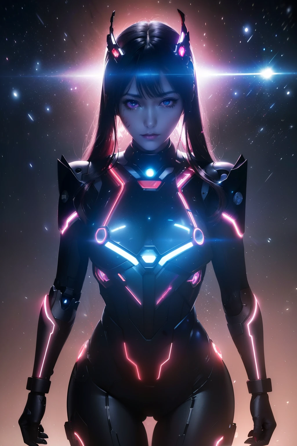 Asuka-Evangelion realistic and intricate perfect beauty face, detailed & asymmetric perfect sharp galaxy glowing eyes, detailed face, (((from face to the waist))), (((beauty shape))), ((in realistic neon-lit sci-fi plugsuit metal mech parts and robotic tentacles with neon-lit lights)), masterpiece, 4k, UHD, fighting against a realistic and intricate mech dragon