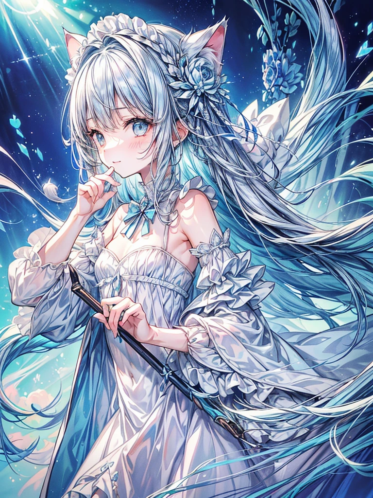masterpiece, best quality, extremely detailed, (illustration, official art:1.1), 1 girl ,(((( light blue long hair)))), ,(((( light blue long hair)))),light blue hair, ,10 years old, long hair ((blush)) , cute face, big eyes, masterpiece, best quality,(((((a very delicate and beautiful girl))))),Amazing,beautiful detailed eyes,blunt bangs((((little delicate girl)))),tareme(true beautiful:1.2), sense of depth,dynamic angle,,,, affectionate smile, (true beautiful:1.2),,(tiny 1girl model:1.2),)(flat chest), (((masterpiece))), (((best quality))), (((ultra detailed))), (masterpiece, best quality:1.5), illustration, (extream detailed), (little whites cat kitten and one girl:1.3), girl holding white little cat (kitten), focus on cat, background is back alley, detasiled sunlight, looking viewer, (front view:1.4), (cat looking viewer:1.2), (happy:1.3), (upper body:1.1)