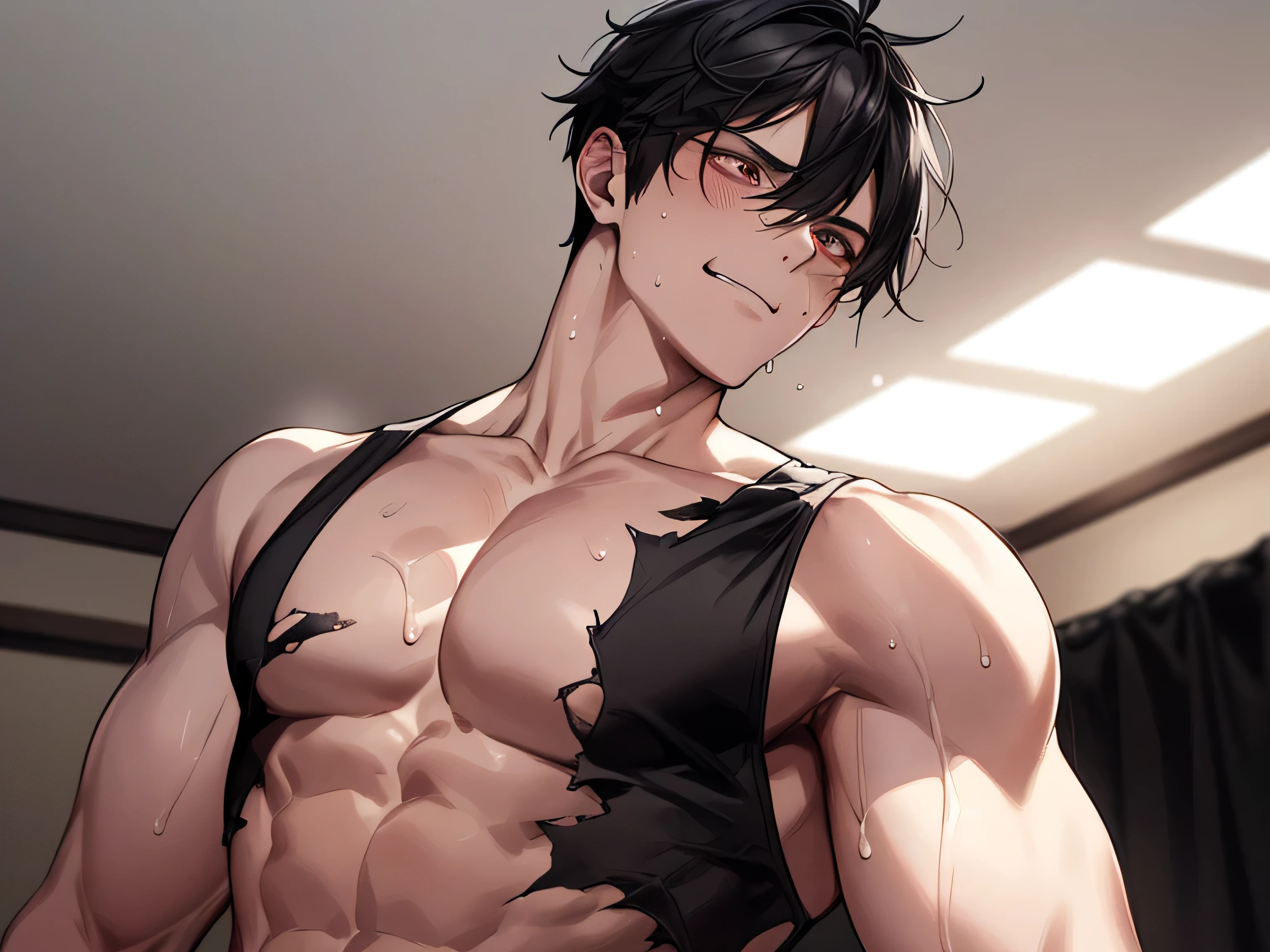 Angle from below, male, 30 years old, male1 person, Adult, A sadistic atmosphere, Black Hair, Sharp Eye, Lewd Eyes, Take off your shirt look, Face close-up, sweating, smile, Background: dark sex room, intimate lighting, imminent sex, muscular, athletic build, bara, lewd, horny look, sleeveless, one arm reaching to viewer, dark lighting, black thong, very sweaty, wet body, strong muscular back, strong muscular chest, contrasting light, dark room, tears, tear drops, condensation on skin, many droplets on skin, sweaty abs, sweaty chest, angle looking up at ceiling, square ceiling light, dark background, torn white undershirt, ripped white undershirt with skin showing, holes in undershirt, man looking straight below, evil look, sweat stains on white undershirt, dark stains on undershirt, visible breath, visible breath through nose