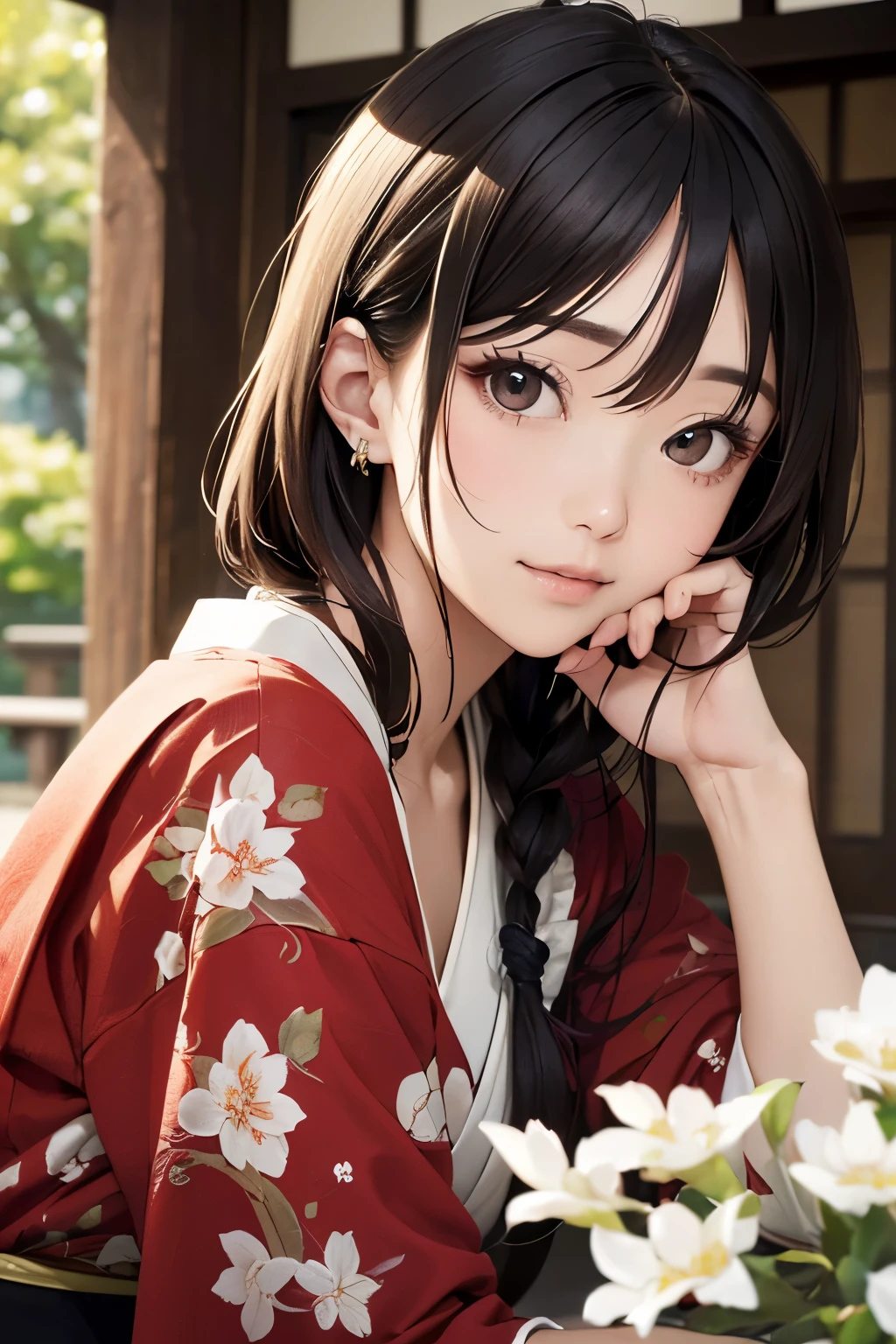 highest quality、masterpiece、Very detailed、Ultra-high resolution、thin、Medium Bust、(whole body:1.2)、high definition background、Realistic eyes、Blurred Background、(Very detailedな顔と目、Beautiful Face、Very detailedな肌、Fine skin:1.3)、Japan Veranda、Shoji screen、Spring scenery、