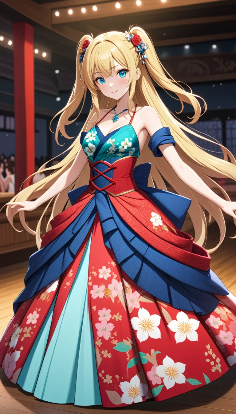 1girl,two side up,long hair,blonde hair,medium breasts,fusion of floral print kimono and ball gown,turquoise eyes,dance hall,cowboy shot,