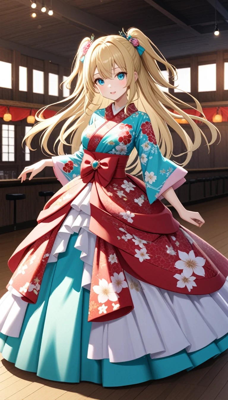 1girl,two side up,long hair,blonde hair,medium breasts,fusion of floral print kimono and ball gown,turquoise eyes,dance hall,cowboy shot,