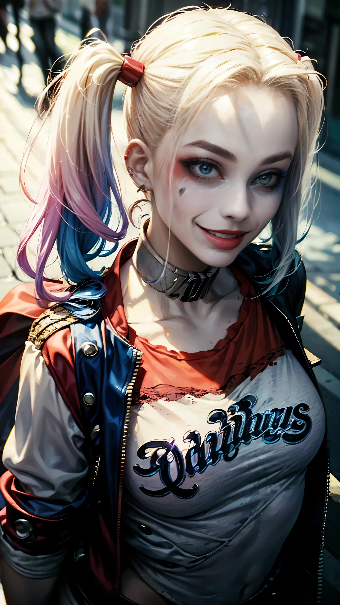 maximum quality、obra-prima、super high resolution、(Photorealistic:1.4)、1 garota、((Harley Quinn)), (garota de corpo inteiro), foto de corpo inteiro, , Cabelo brilhante, cabelo curto, cabelo liso, cabelos brilhantes e limpos, mecha de cabelo na cor rosa, mecha de cabelo na cor azul claro, cabelo no estilo scrunchie、olhos azuis, (maquiagem nos olhos na cor azul claro e vermelho claro), Pele branca e brilhante、(pale skin), (grande sorriso de boca aberta), Garota louca、jaqueta de couro na cor dividida entre vermelho e preta, decote com tecido rendado, tecido de renda no decote, ((sorrindo)), sorriso de boca aberta, sorrindo como louca, boca aberta, ((detalhes super realistas))、Sombra、octane rendering、ultra-afiado、rosto hiper detalhado、Fibra de vidro、Tubo luminoso、detalhes altamente intrincados、Realistic luz、CGSoação Trends、(facing the camera)、neon details、de dia、(luz_sorriso:1.0)