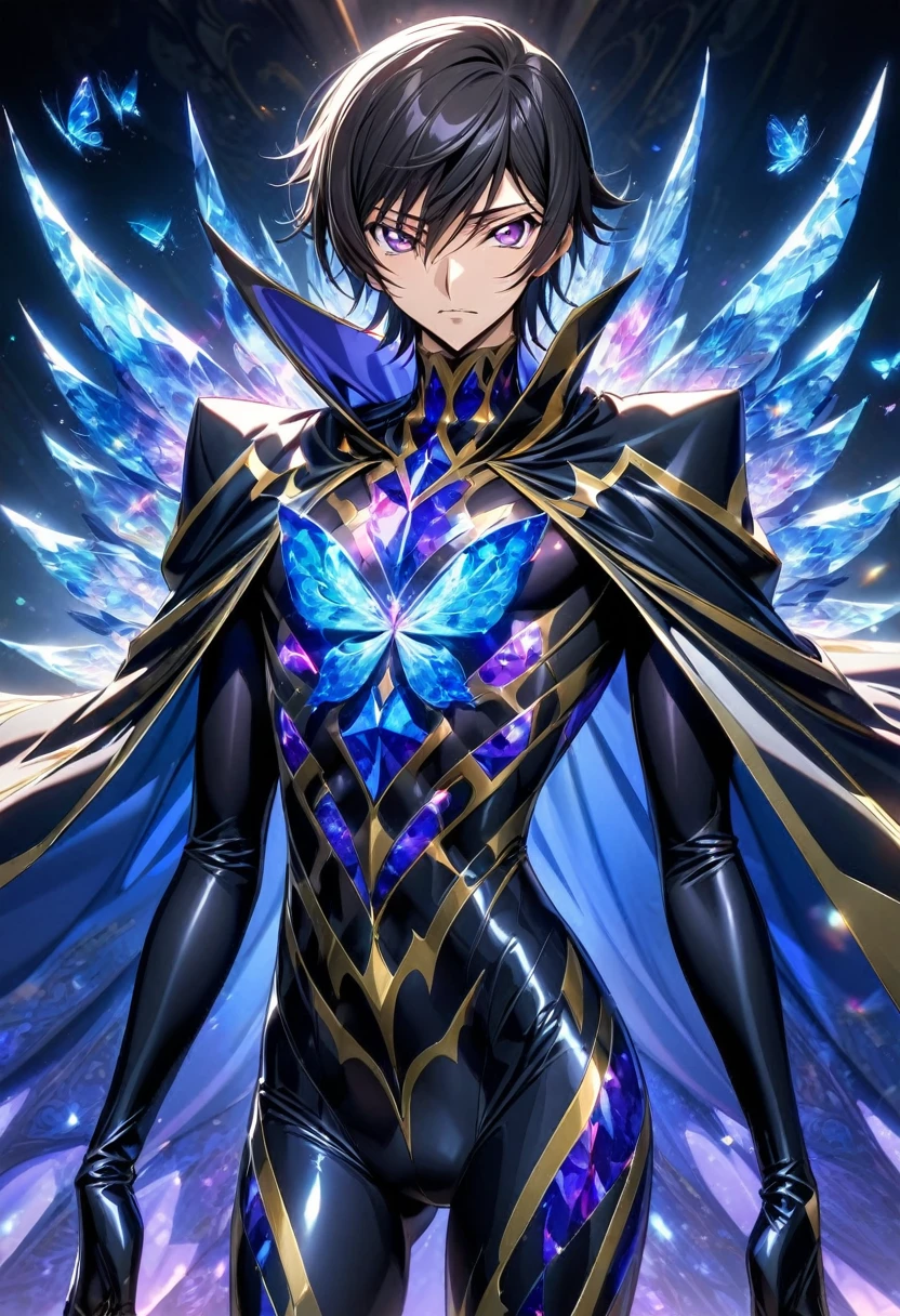 absurdres, highres, ultra detailed, HDR, master piece, best quality, Lelouch Lamperouge, black hair, expressive purple eyes, code geass, solo, sexy man, handsome, toned chest, black cape, black tight clothes, patterns, magical, fantasy, blue background, blue lotus, shining, blue petals, blue glittering butterflies, glass sculptures