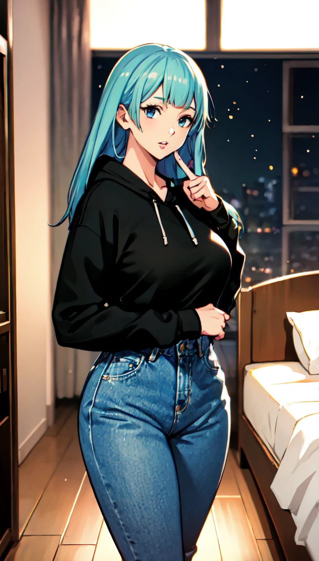 photorealistic, (4k), depth of field, (Masterpiece), (realistic skin texture), extremely detailed, intricate, hyper detailed, professional photography, bokeh, high resolution, sharp detail, best quality, girl, long hair, aqua hair, blunt bangs, blue eyes, dynamic pose, tan hoodie, beautiful thighs, indoors, (facing viewer), looking at viewers, large breasts,kasumi, miwa, kasumi miwa, mouth slightly open, hourglass shape, soft lips, delicate lips, shiny lips, natural lips, High waisted jeans, tight jeans, cropped hoodie, baggy hoodie, thick heavy hoodie, long sleeve, middle finger, giving camera the middle finger, extremely tight pants,indoors, in bedroom
