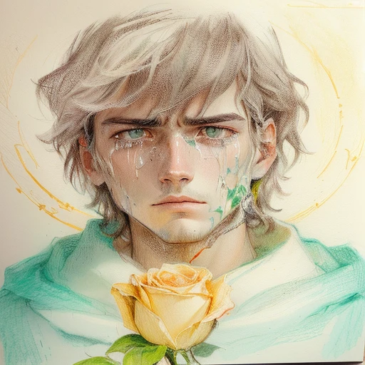 arafed drawing of a man with a rose in his hand, inspired by Alexander Kanoldt, portrait of a crying ai artist, colored pencil sketch, melancholy pastel art, with a sad expression, soft portrait, inspired by Philipp Veit, pastel artwork, inspired by Taddeo Gaddi, portrait 4 / 3, eerie self - portrait, portrait of mournful
