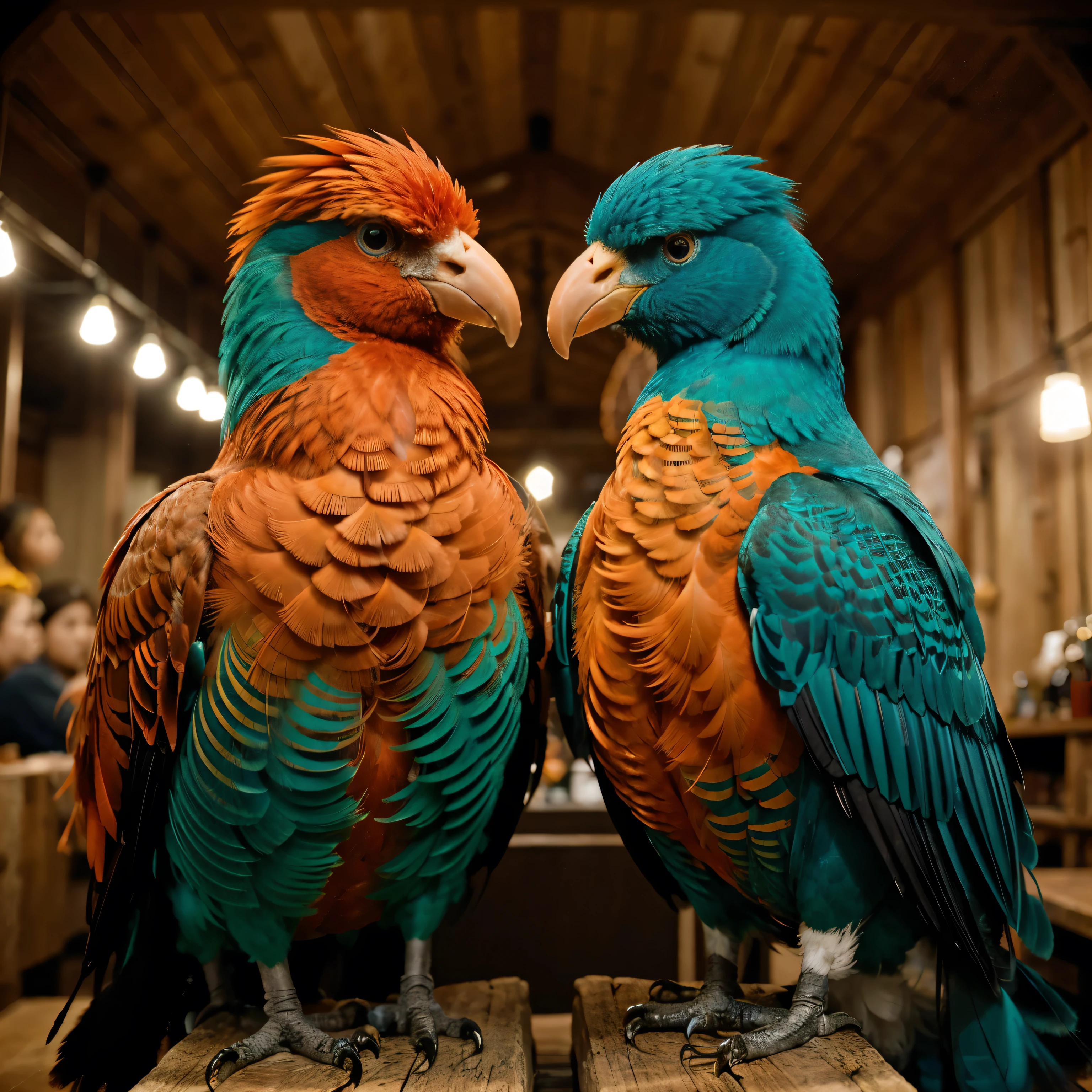 compose an image showcasing two majestic birds together looking at camera with a fiery palette of orange and Red feathers. The bird's eye should be a striking turquoise, set against the contrasting plumage, with a sharp, curved beak. The feathers are detailed with varying shades, adding a sense of texture and depth. In the background, include soft, out-of-focus lights to give an ethereal, bokeh effect that complements the sharp focus on the bird's head., Movie Still