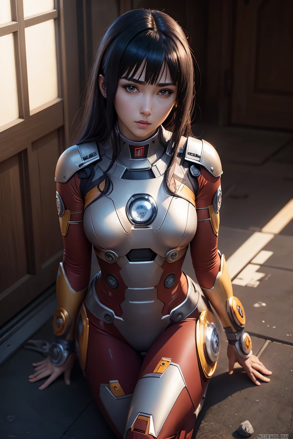 hinata hyuga (naruto) as ironman, full body, solo, female, beauty realistic, detailed, perfect lighting, perfect shadow, perfect body, perfect picture, Super High Resolution, (Realism: 1.4), Original Photo, Best Quality, Masterpiece, Cinematic Experience