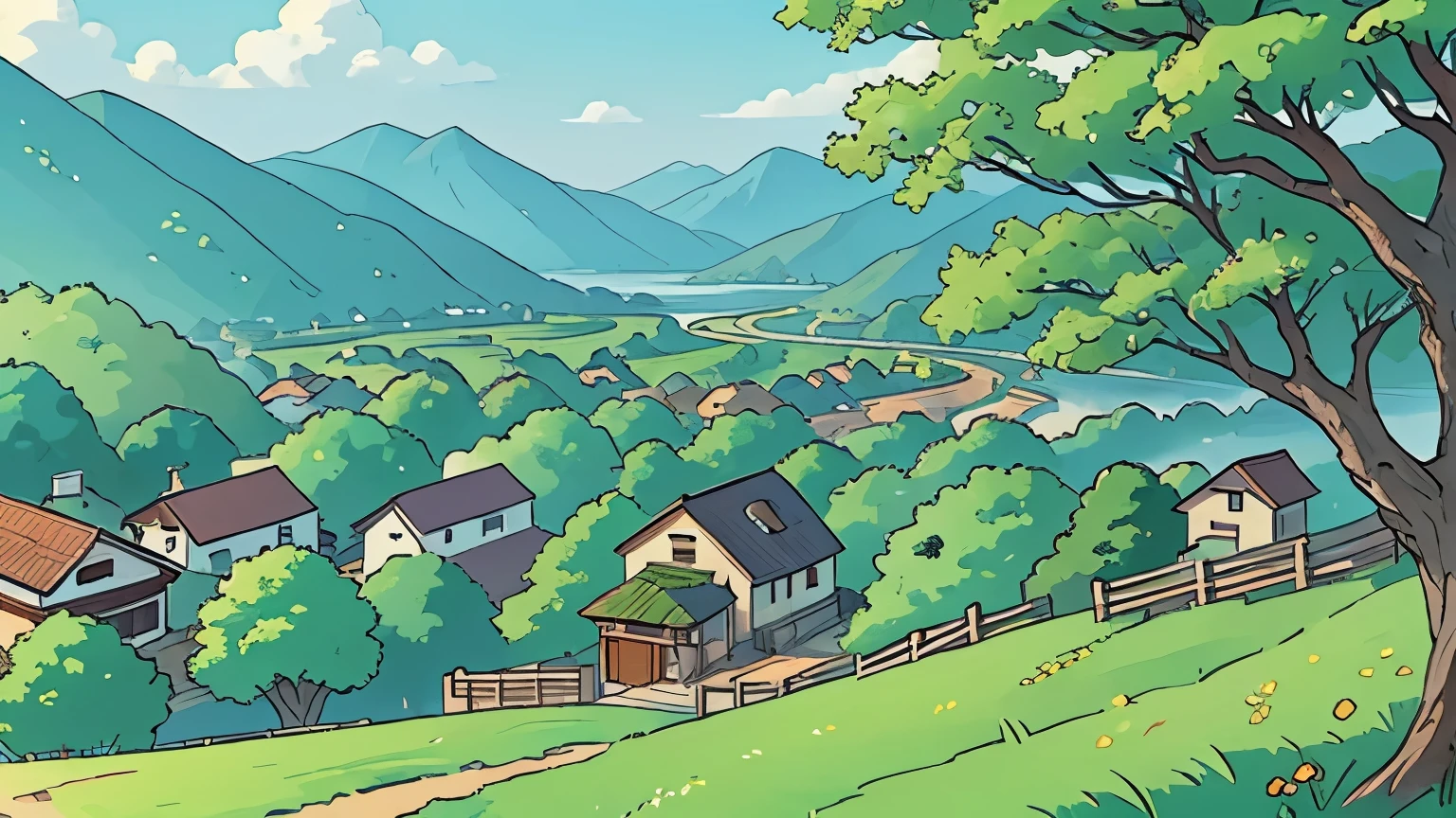A small village surrounded by beautiful nature, distant view, distant viewpoint, summer、The view of the summer leaves
