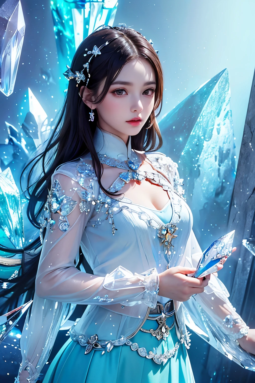(highest quality:1.4),(masterpiece:1.4),(超High resolution, RAW Photos:1.4),(High resolution, Ultra-detailed:1.2),Fashion photo of beautiful girl in neomorphism style,Polymorphic changes of minerals,(Glowing Crystal:1.4),(Crystal clothing:1.8),Ultra-detailed photorealism,Detailed brilliance,Ambient Occlusion,Zhou Haoguang,Upper Body,(Long sleeve:1.2),(Long skirt:1.2),