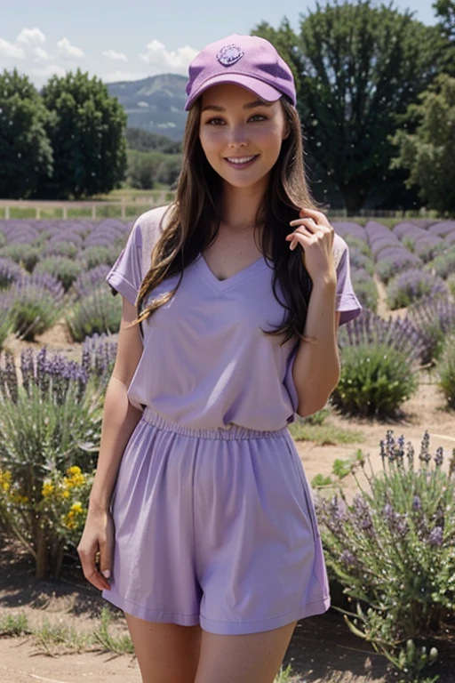 Camilla Luddington in lavender field dressed in casual clothes wearing a cap and smiling