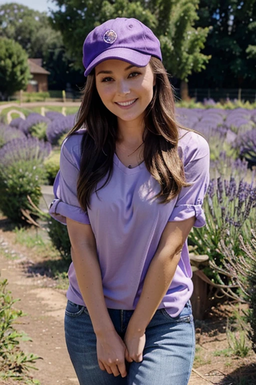 Camilla Luddington in lavender field dressed in casual clothes wearing a cap and smiling