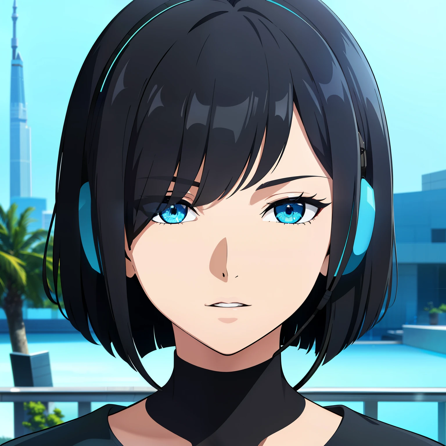 (best quality:1.5, highres, UHD, 4K, detailed lighting, shaders), black hair, bob cut, hair covering one eye, cool woman, cool girl, sharp eyes, blue eyes, beautiful, (pov, medium shot), simple background, casual clothes, with headphones