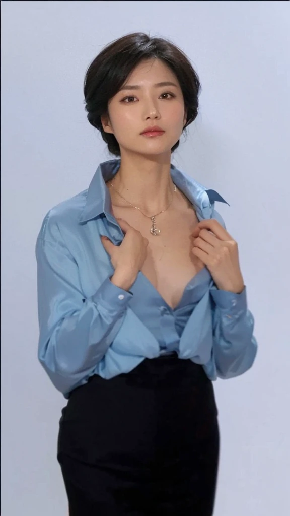 A 40-year-old Japanese woman is seductively looking at us with her two-tone satin blouse open at the front.,(Raw photo, 最high quality), (Realistic, photo-Realistic:1.2), 1 Girl, high quality, (High definition skin:1.4), Puffy eyes, Gorgeous Hair, (Dark Room:1.3), (Rim lighting:1.3), (It's dim:1.3), (Dark Night:1.3), Indoors, Portraiture, Black Hair, Dark Background, short hair,
