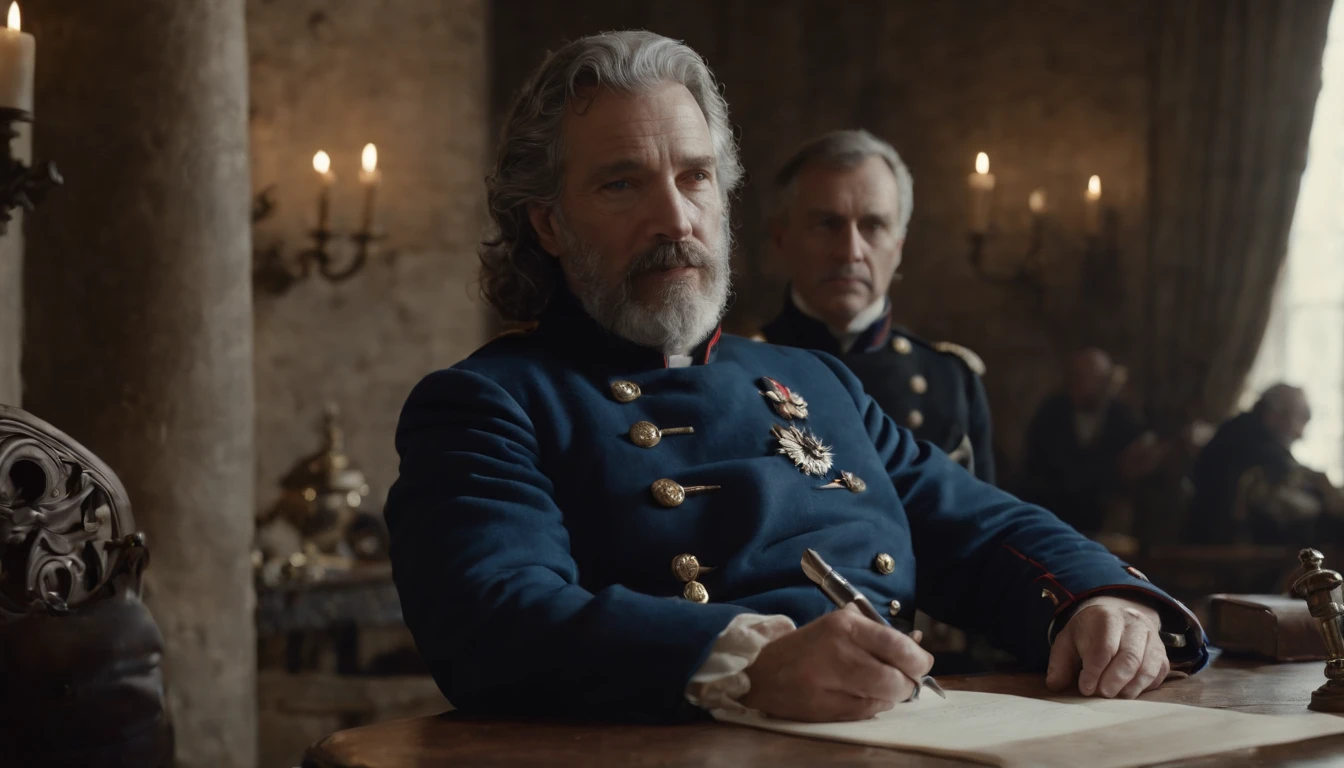 55-year-old man with beard and curly gray hair, blue 17th century French military uniform sitting at a table signing dads