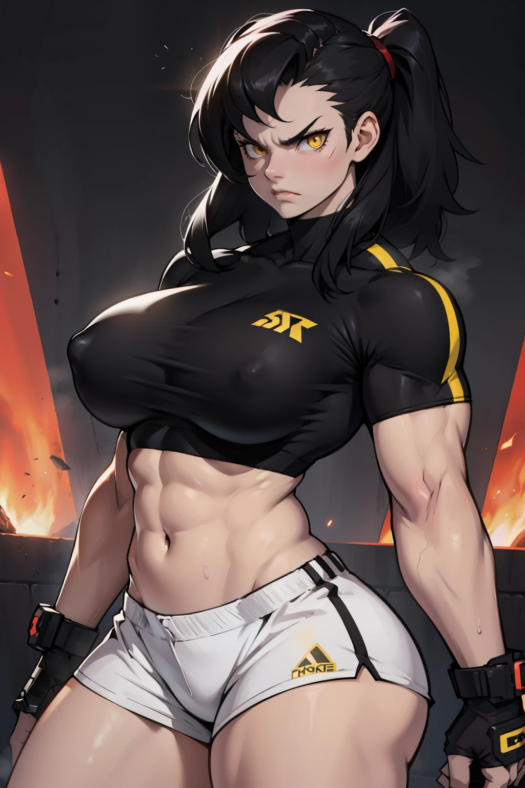 angry 1girl bodybuilder pale skin black hair yellow eyes midriff huge
