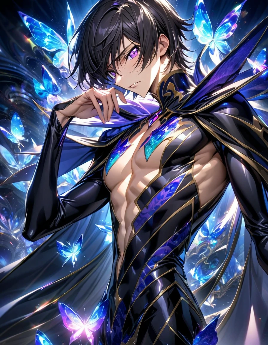 absurdres, highres, ultra detailed, HDR, master piece, best quality, Lelouch Lamperouge, black hair, expressive purple eyes, code geass, solo, sexy man, handsome, toned chest, black cape, black clothes, patterns, magical, fantasy, blue background, blue lotus, shining, blue petals, blue glittering butterflies, glass sculptures