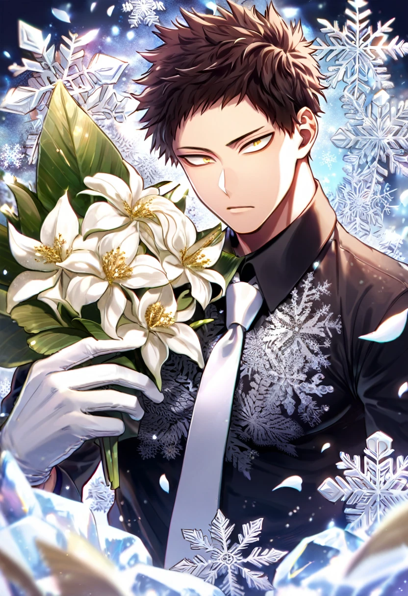 Ultra detailed, Highres, absurdres, HDR, Chisaki Kai, Overhaul, dark brown hair, short hair, expressive golden eyes, white necktie, black shirt, glittering ice butterflies, Boku No Hero Academia, white gloves, petals, handsome, sexy man, solo, very detailed eyes and face, master piece, toned chest, glittering, ice, white flowers, snowflakes, winter, best quality,