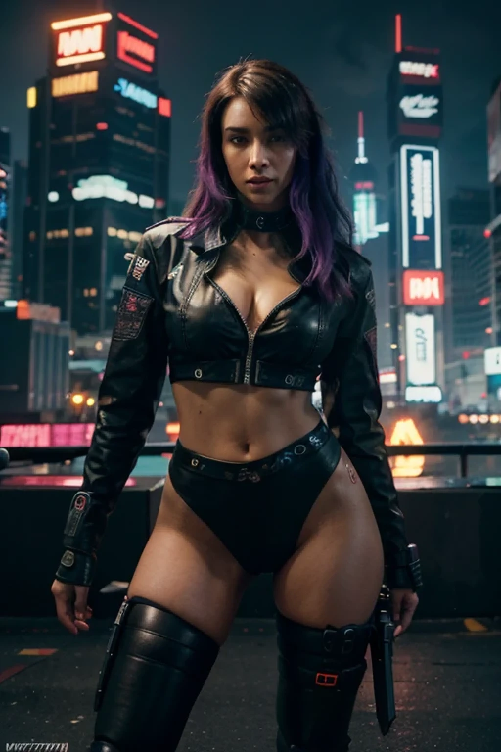 "Create an image of V, the protagonist from Cyberpunk 2077. V should be depicted in a futuristic, neon-lit urban setting with towering skyscrapers and holographic advertisements. They should be wearing their signature leather jacket with the glowing collar, equipped with various cybernetic enhancements. V can be shown holding a high-tech weapon, exuding a sense of cool confidence and readiness for action. The background should emphasize the vibrant, chaotic atmosphere of Night City, with a mix of bright colors and dark shadows."