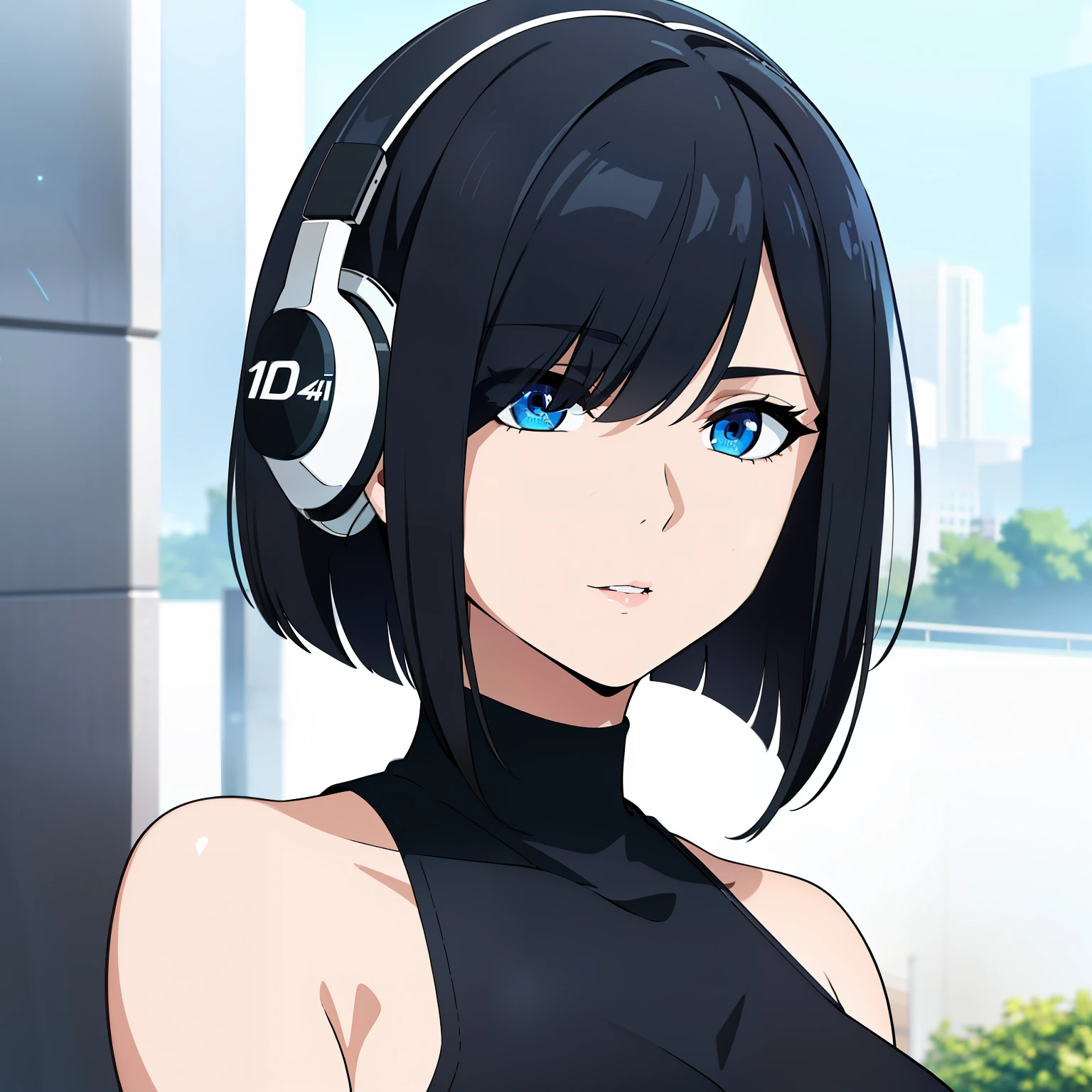 (best quality:1.5, highres, UHD, 4K, detailed lighting, shaders), black hair, bob cut, hair covering one eye, cool woman, cool girl, sharp eyes, blue eyes, beautiful, simple background, casual clothes, with headphones