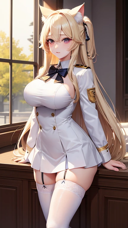 masterpiece, best quality, bishoujo, student, long hair, blonde hair, hair between eyes, hair between breasts, heart hair ornament, beautiful detailed eyes, white colored eyelashes, large breasts, cat_ears, white thighhighs, garreg mach monastery uniform,