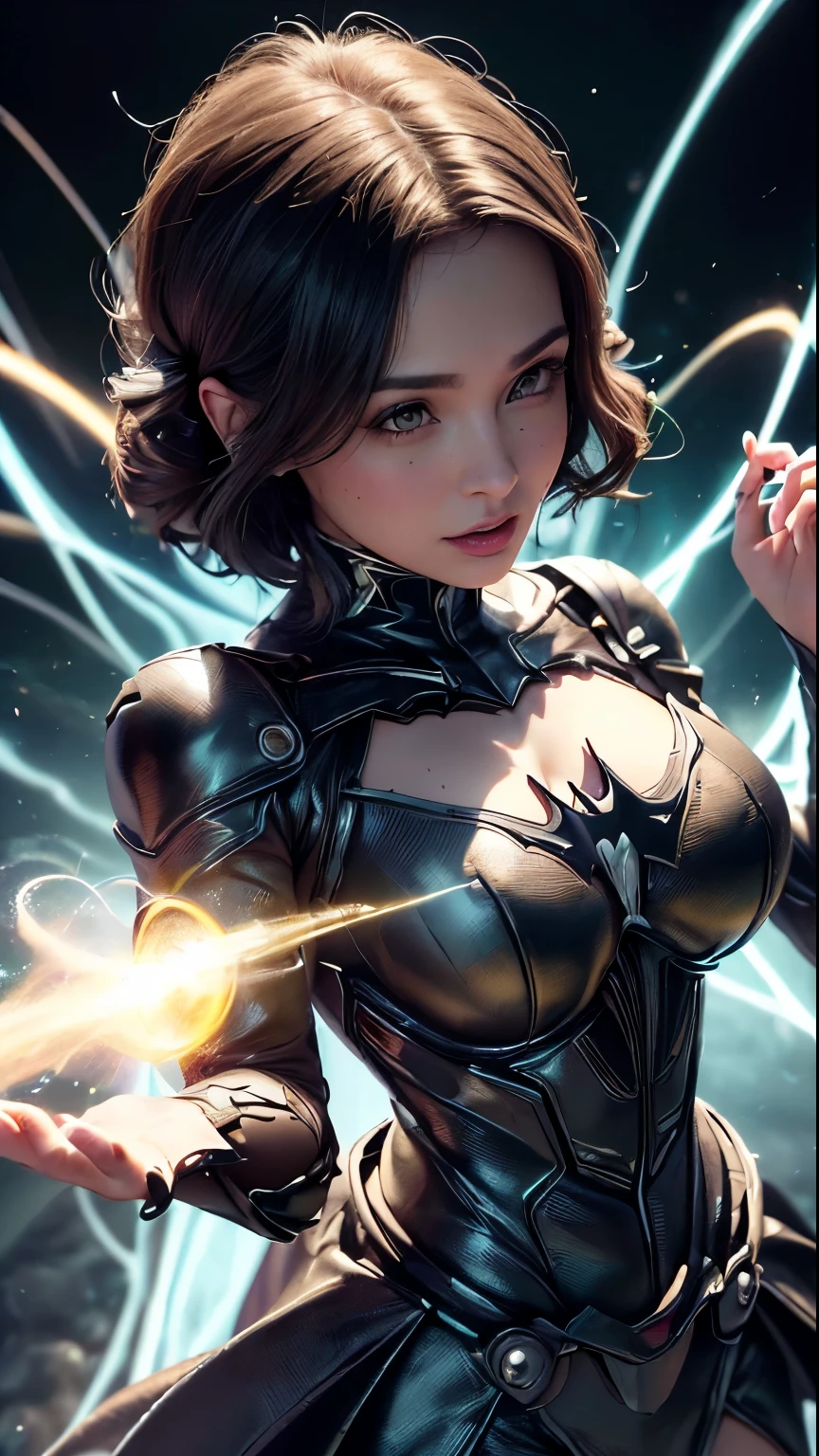 ((mejor calidad)), ((obra maestra)), (detallado: 1.4), ..3D, una imagen de una hermosa mujer con traje de batman con cabello grueso y voluminoso, light particules, Pure energy, caos, antitech, HDR (High Dymanic Range), Trazado de rayos ,NVIDIA RTX, Super-Resolution,
