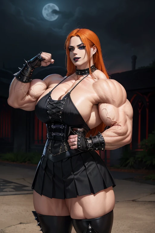 (((Massive, beautiful, buff, pale white skinned muscular woman with orange hair, black lipstick, ginormous bulky muscles, wearing a black gothic uniform with pleated gothic skirt))), {close-up view}, massive muscle, massive biceps, hyper muscle shoulders, ginormous muscle arms, hyper muscle triceps, (long shaggy hair), green eyes, spiked choker, gothic uniform, chain belt, black spiked boots, spiked gauntlets, fingerless gloves, (standing in a dark gothic schoolyard), evil smirk, night, red moon, red skies, hyper vascular arm, hyper muscles arms, hyper muscle legs, ginormous arms, {close view}