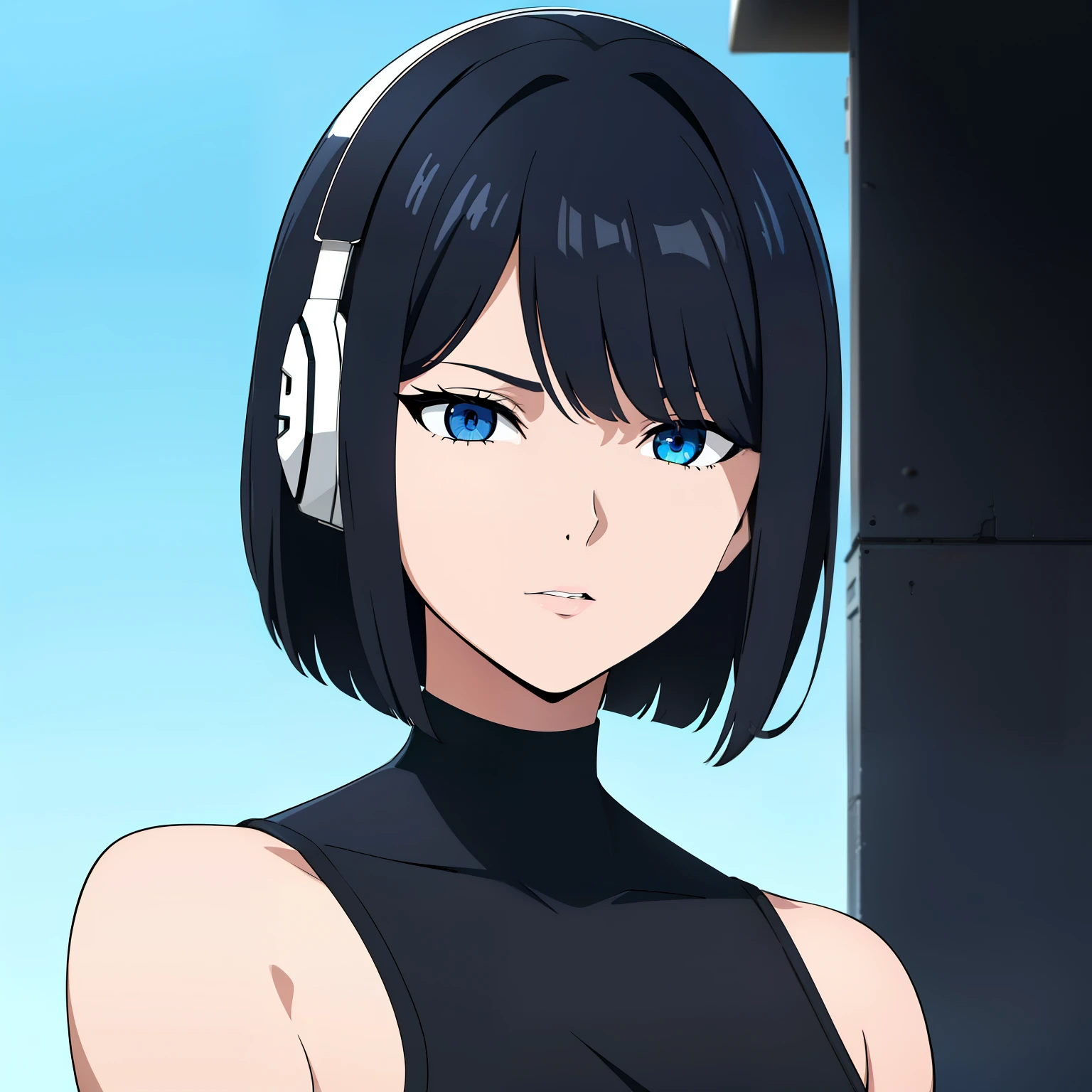 (best quality:1.5, highres, UHD, 4K, detailed lighting, shaders), black hair, bob cut, hair covering one eye, cool woman, cool girl, sharp eyes, blue eyes, beautiful, simple background, casual clothes, with headphones