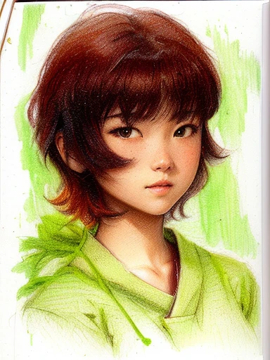 painting of a young girl with a green shirt and a green background, inspired by Yanagawa Nobusada, colored pencil sketch, colored sketch, colorized pencil sketch, a color pencil sketch, inspired by Riusuke Fukahori, character portrait of me, inspired by Rumiko Takahashi, colorized pencil, soft portrait, medium: colored pencil
