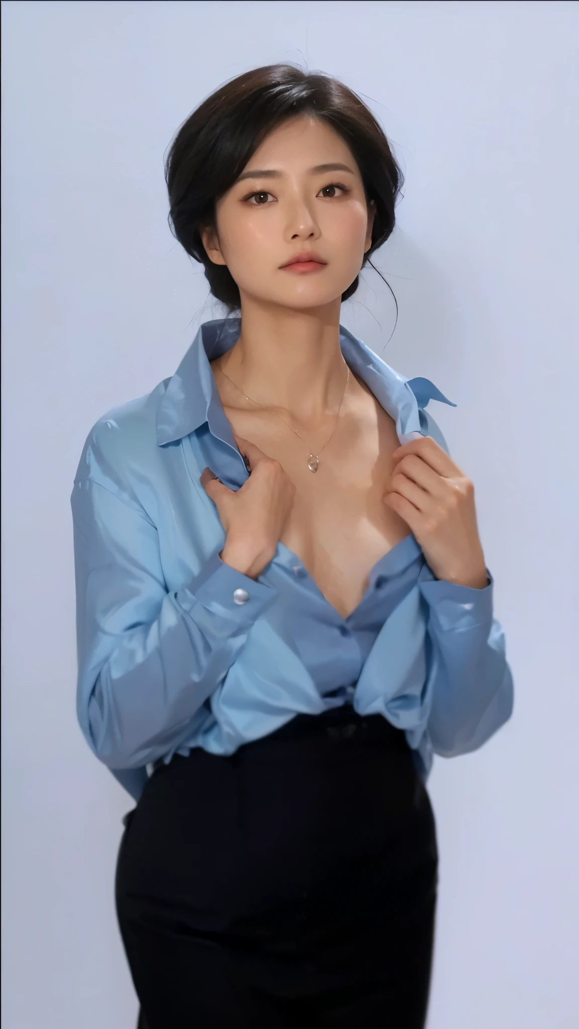 A 40-year-old Japanese woman is seductively looking at us with her two-tone satin blouse open at the front.,(Raw photo, 最high quality), (Realistic, photo-Realistic:1.2), 1 Girl, high quality, (High definition skin:1.4), Puffy eyes, Gorgeous Hair, (Dark Room:1.3), (Rim lighting:1.3), (It's dim:1.3), (Dark Night:1.3), Indoors, Portraiture, Black Hair, Dark Background, short hair,