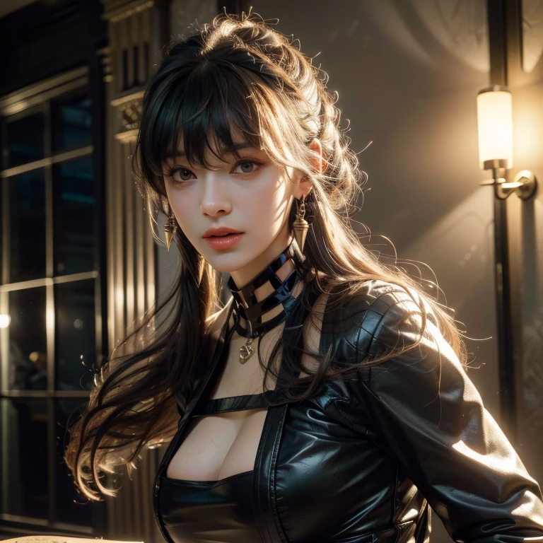 move chart,UHD, anatomically correct, super detail, high details, textured skin, masterpiece, accurate, high quality, best quality, highres,first-person view,a beautiful russian woman in her 20s, light brown hair, fine white skin, attractive face, tight waist, cleavage, smiling kindly, active posing, detailed eyes, beautiful detailed nose, beautiful detailed lips, long eyelashes, perfectly balanced body, (best quality,8k,highres,masterpiece:1.2),ultra-detailed,(realistic,photorealistic,photo-realistic:1.37),HDR,UHD,studio lighting,ultra-fine painting,sharp focus,physically-based rendering,extreme detail description,professional,vivid colors,bokeh,portrait,seductive gaze, black clothes,(((battle,Gunfight,combat readiness)))