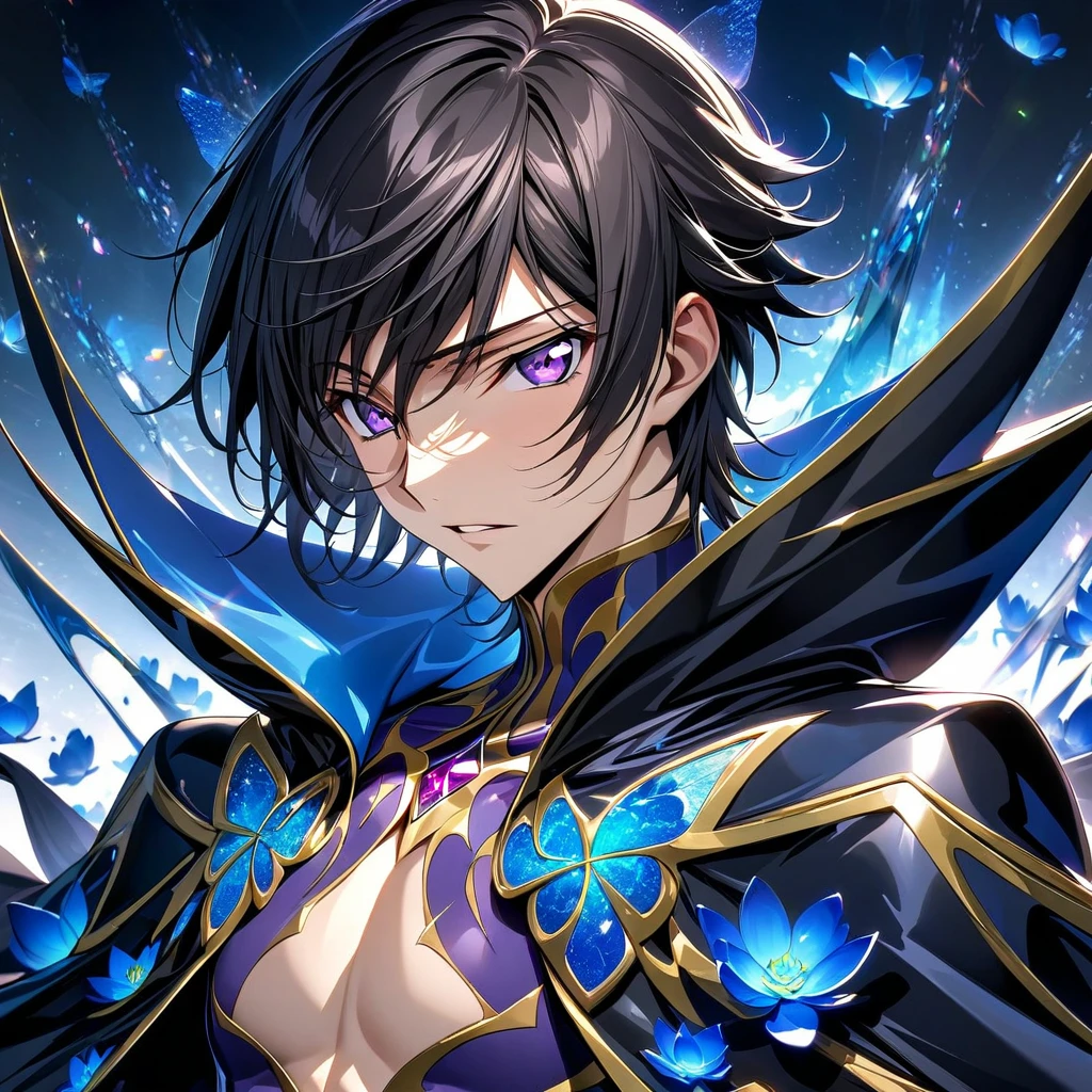 absurdres, highres, ultra detailed, HDR, master piece, best quality, Lelouch Lamperouge, black hair, expressive purple eyes, code geass, solo, sexy man, handsome, toned chest, black cape, black clothes, patterns, magical, fantasy, blue background, blue lotus, shining, blue petals, blue glittering butterflies, glass sculptures