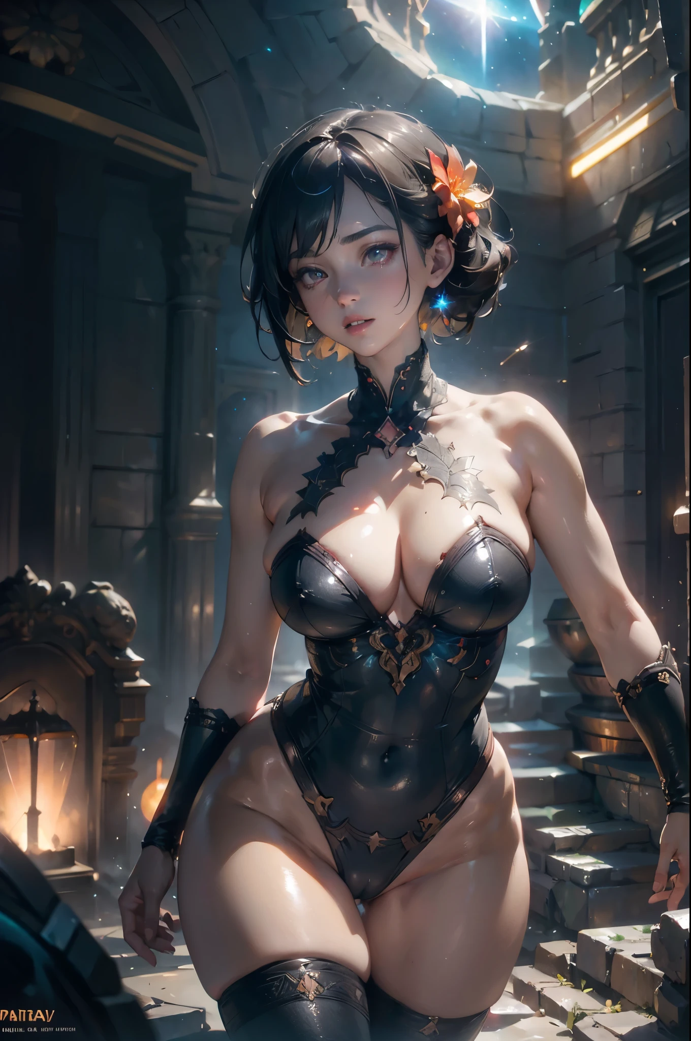 Highly detailed RAW color photos, young and beautiful, Black short hair, Dynamic poses, (Wide hips), (Delicate skin), (Detailed lips), (Delicate eyes), (Cosmic: 1.4), (Cemetery: 1.1), (sci-fiish landscape ) (Detailed face), (curved), Red clothes, Delicate eyes, Chromatic Aberration, Depth of Field, Soft Light, masterpiece, Better quality, complex, (lens flare: 0,7), (flowering: 0,7), Particle Effects, Ray tracing, Tone Mapping , Very detailed, Concept Art, Gentle, Sharp focus, Dramatic lighting, Highly detailed art, Movie, pintura hiper-Realist, Popular on artstation, 8K, incredible shadow, Realist, (plano de fundo Very detailed: 1.2), Art on the go(((Crazy breast swelling)))((Very large breasts)),((Grooves reveal original skin))
