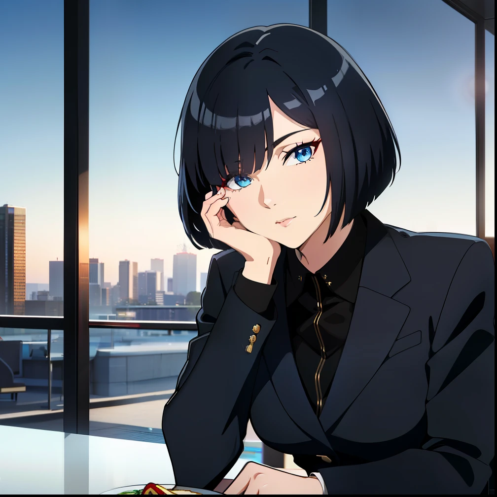(best quality:1.5, highres, UHD, 4K, detailed lighting, shaders), black hair, bob cut, hair covering one eye, cool woman, cool girl, sharp eyes, blue eyes, beautiful, having dinner, formal wear