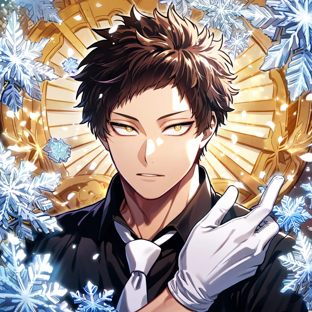 Ultra detailed, Highres, absurdres, HDR, Chisaki Kai, Overhaul, dark brown hair, short hair, expressive golden eyes, white necktie, black shirt, glittering ice blue butterflies, Boku No Hero Academia, white gloves, petals, handsome, sexy man, solo, very detailed eyes and face, master piece, toned chest, glittering, ice, white ice flowers, snowflakes, winter, best quality,