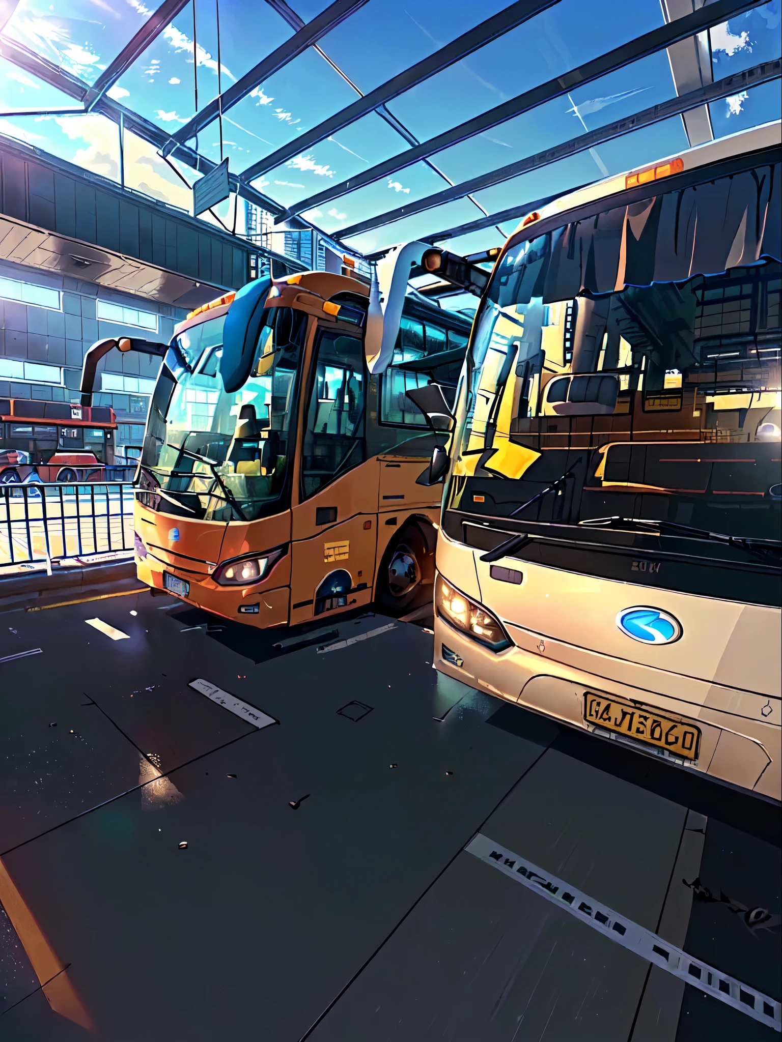 there are two buses parked in a bus station with a man walking by, buses, bus station, ( ( ( buses, bus, Front views full, Photo taken in 2 0 2 0, There are many travelers, Front, public bus, author:Milton Menasco, - Hours 8 5 0 - Afternoon 6 0 0, Front and side view