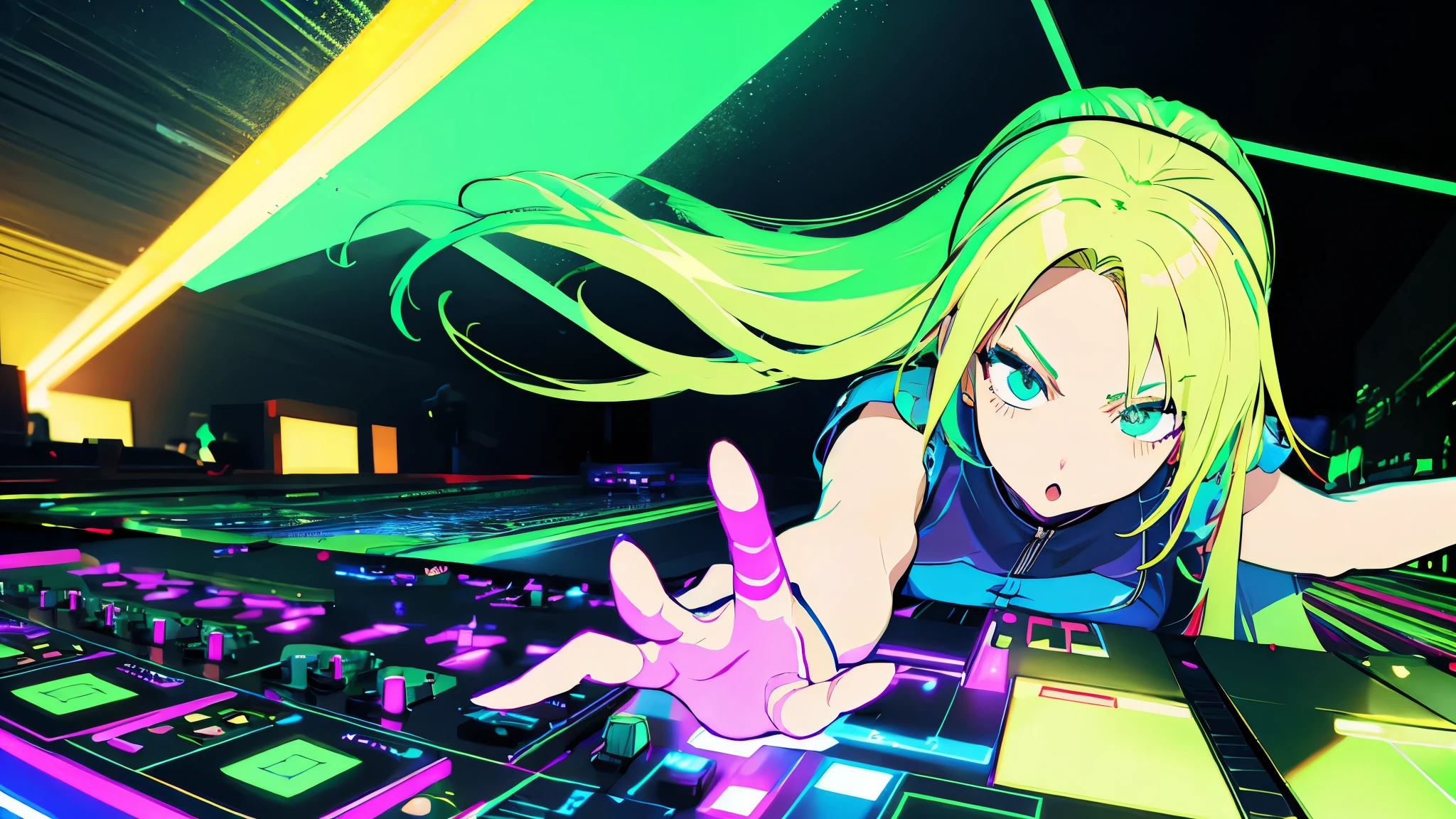 Detailed DJ Girl with Neon DJ Controller, super bright music lights.Blonde、Forehead、Green leather shirt